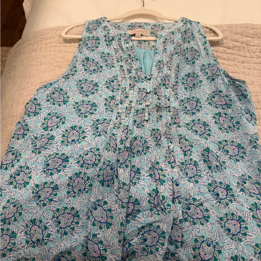 LOFT Blue Pleated Sleeveless Blouse with Bib Collar